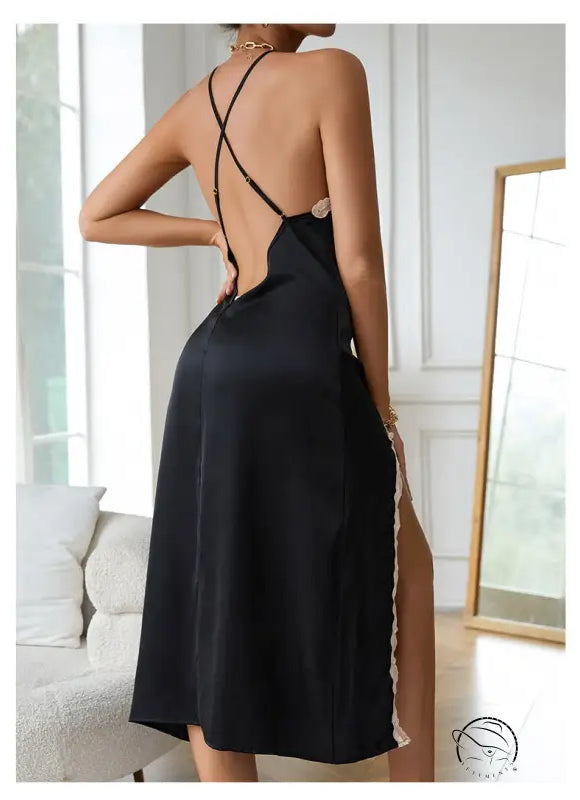 Wine red sexy silk nightdress with backless design and split sleeves