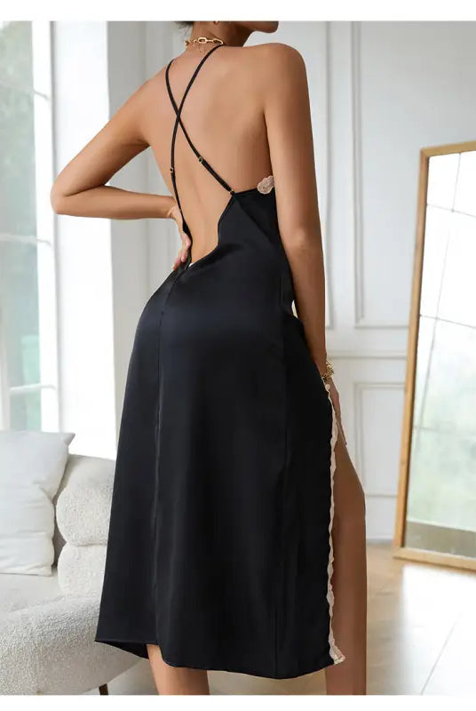 Wine Red Silk Nightdress with Backless Design, Side Slit, and Lace Trim