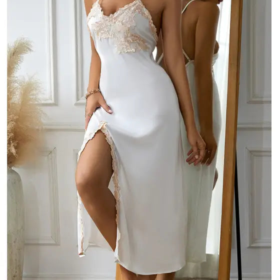 White lace-trim V-neck slip dress with side slit, perfect for sexy silk nightdress style