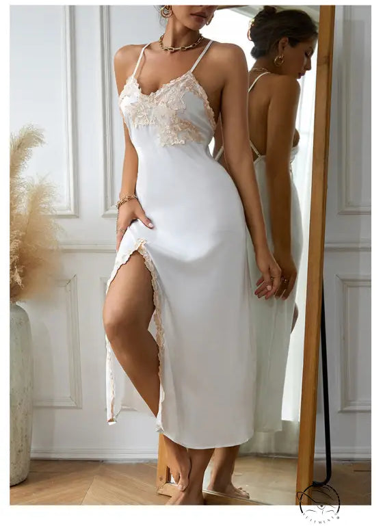 White lace-trim V-neck slip dress with side slit, perfect for sexy silk nightdress style