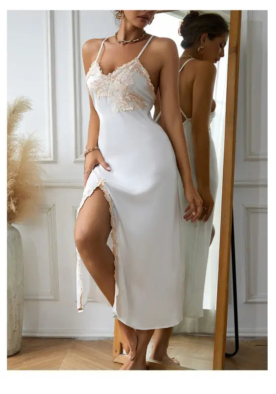 White lace-trim V-neck slip dress with side slit, perfect for sexy silk nightdress style