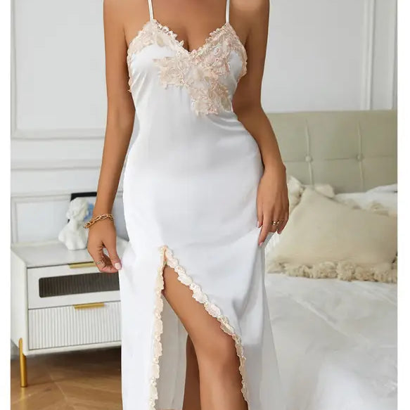 White lace-trim satin nightdress with high slit, perfect for a sexy silk nightdress look