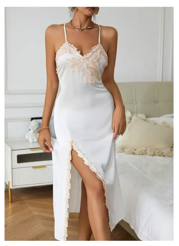 White lace-trim satin nightdress with high slit, perfect for a sexy silk nightdress look