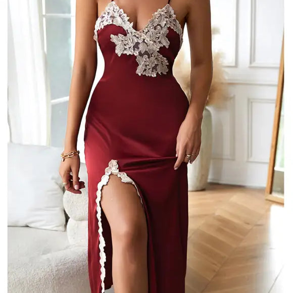 Wine red silk nightdress with white lace trim, high slit, and backless design