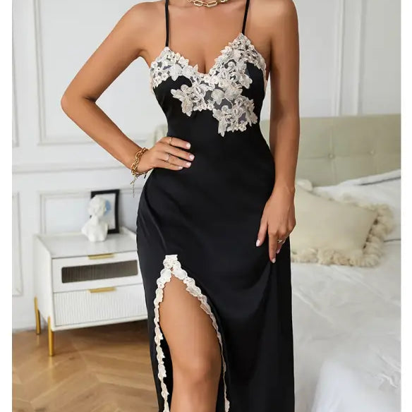 Black slip dress with white floral lace overlay and thigh-high slit, perfect as a sexy silk nightdress