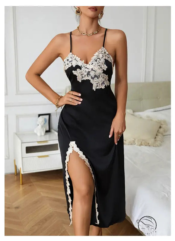 Black slip dress with white floral lace overlay and thigh-high slit, perfect as a sexy silk nightdress