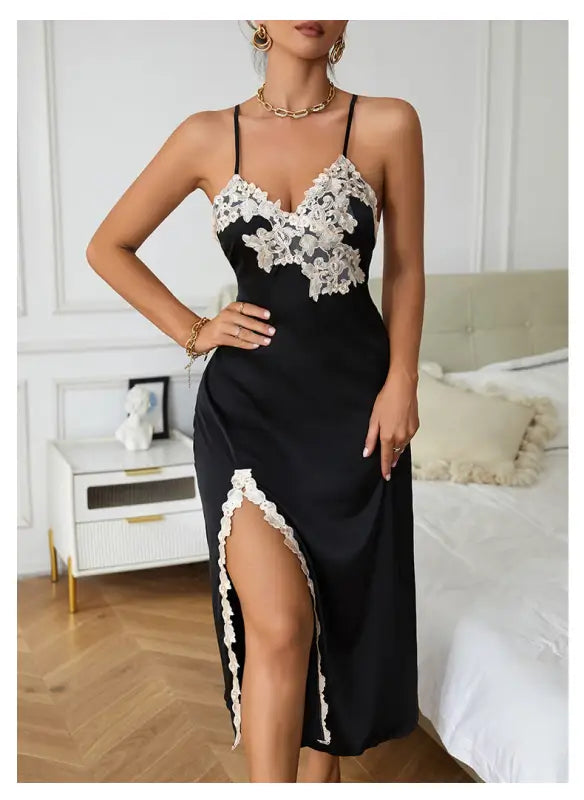 Black slip dress with white floral lace overlay and thigh-high slit, perfect as a sexy silk nightdress