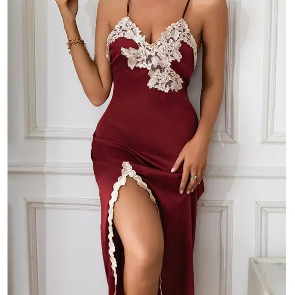Wine red silk nightdress with lace trim, high slit, and backless design for a sexy silk nightdress look