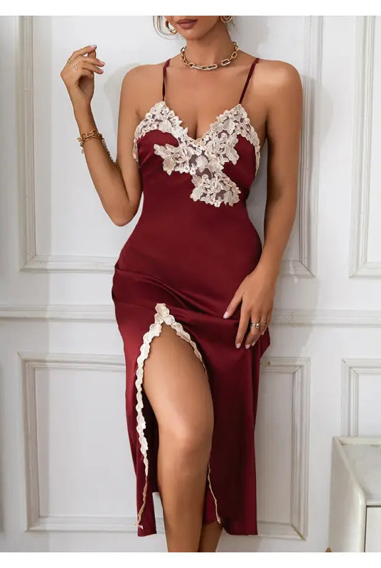 Wine red silk nightdress with lace trim, high slit, and backless design for a sexy silk nightdress look