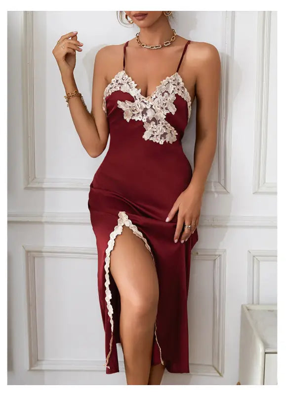 Wine red silk nightdress with lace trim, high slit, and backless design for a sexy silk nightdress look