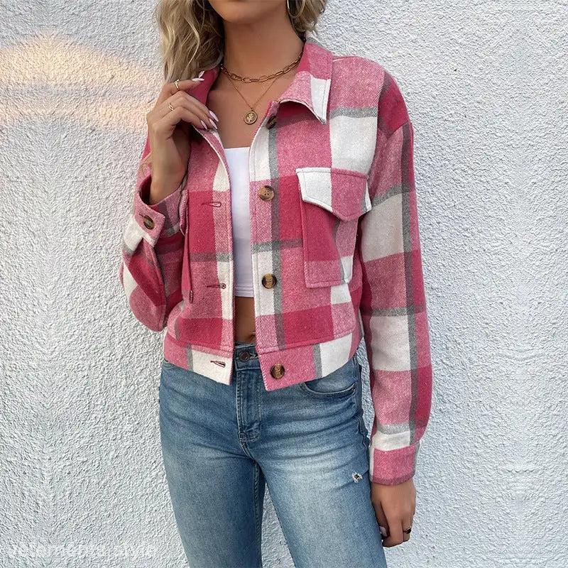Pink and white plaid long sleeve shacket with button closures and front pockets
