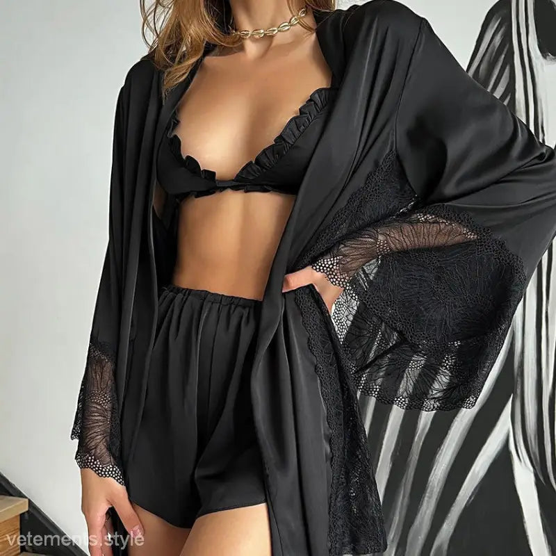 Black sexy stitching silk-like satin lounge set with lace-trimmed robe and shorts