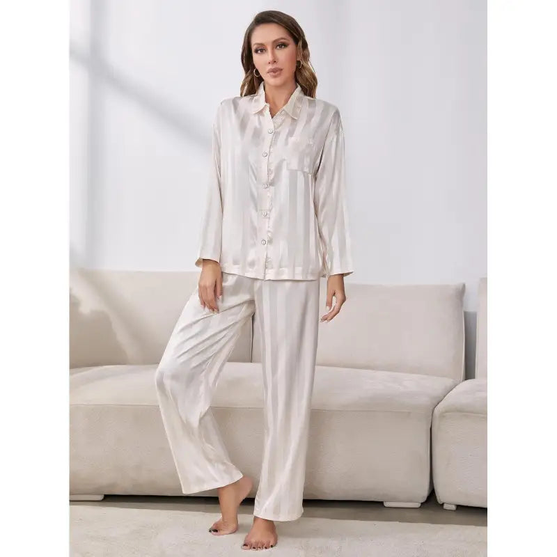Silky winter silk pajamas set featuring a satin stripe design and long sleeves