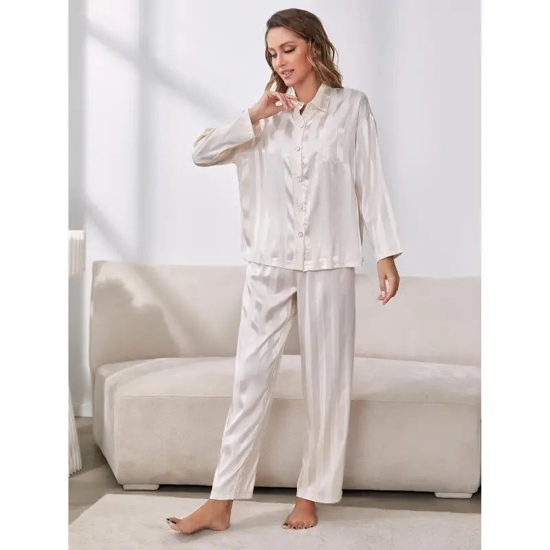 Winter silk long sleeve pajamas set in satin and stripe design for comfortable sleep