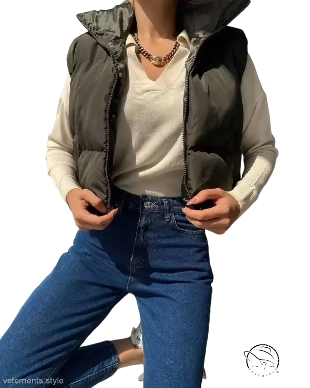 Black winter slim fit cotton padded jacket vest with high collar and zipper