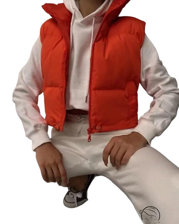 Bright orange winter slim fit cotton padded jacket vest with red zipper