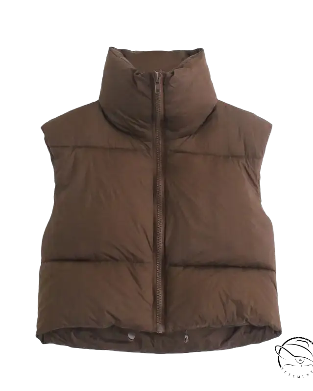 Winter slim fit cotton padded jacket vest in brown with high collar and zipper