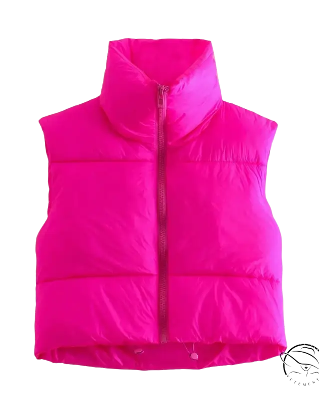 Bright fuchsia winter slim fit cotton padded jacket vest with high collar and zipper
