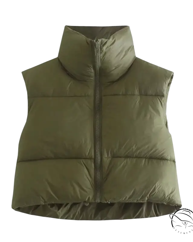 Olive green winter slim fit cotton padded jacket vest with high collar and zipper