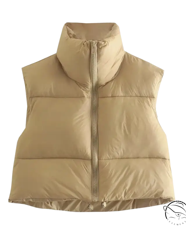 Winter slim fit cotton padded jacket vest in beige with high collar and zipper