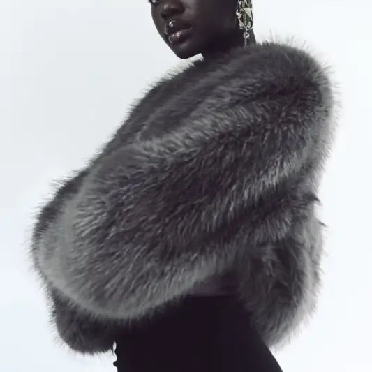 Gray fur effect jacket from Winter Socialite Artificial Fur collection for casual wear