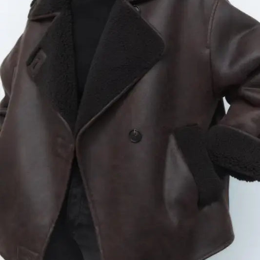 Women’s faux shearling jacket with brown leather and black shearling collar perfect for winter women clothing
