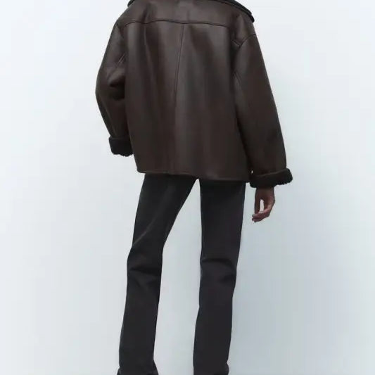 Brown leather aviator style faux shearling jacket with wide collar for winter women clothing