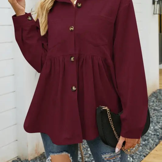 Burgundy loose pleated corduroy shirt with button-down peplum for women autumn winter fashion