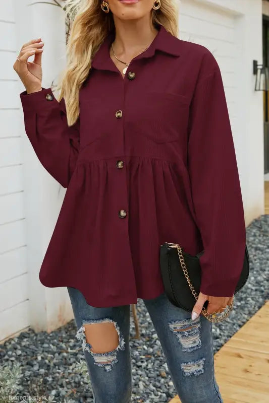 Burgundy loose pleated corduroy shirt with button-down peplum for women autumn winter fashion