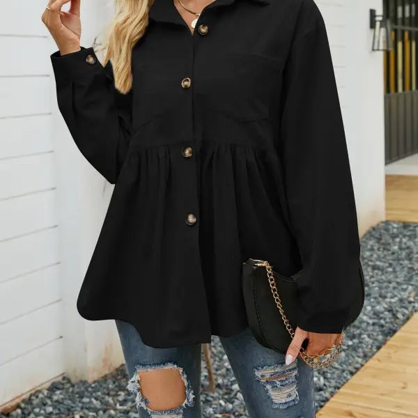 Black button-down peplum top in loose pleated corduroy for women’s autumn winter fashion
