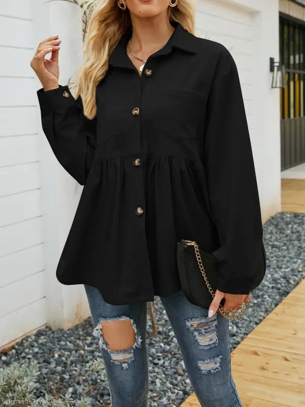 Black button-down peplum top in loose pleated corduroy for women’s autumn winter fashion