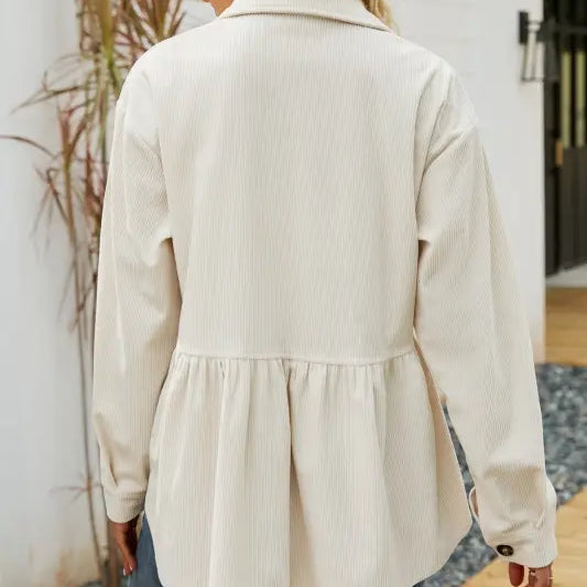 Woman’s beige loose pleated corduroy shirt jacket for women autumn winter fashion