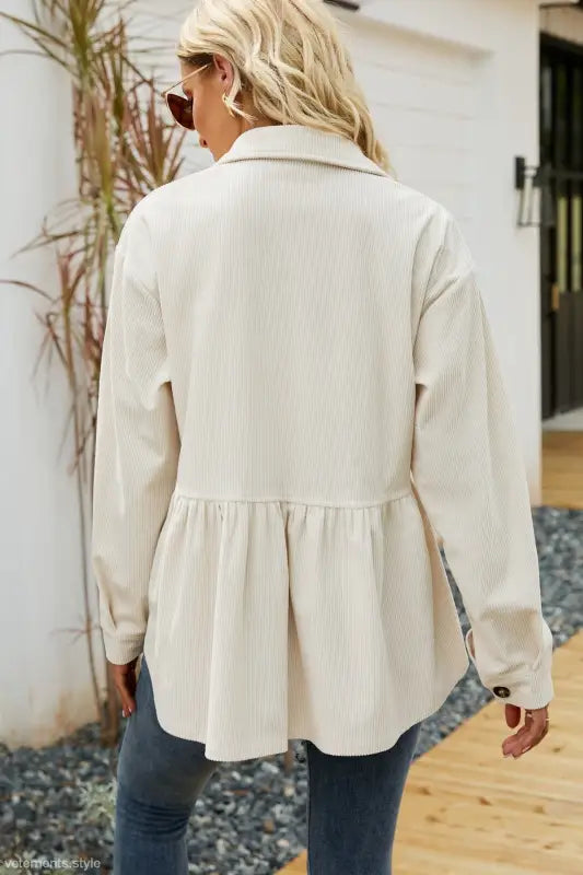 Woman’s beige loose pleated corduroy shirt jacket for women autumn winter fashion