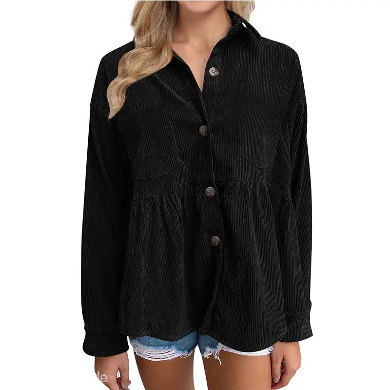 Black corduroy button-down shirt, women autumn winter loose pleated corduroy shacket