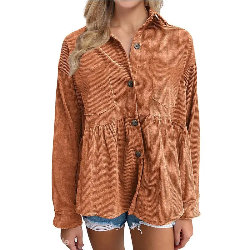 Women autumn winter loose pleated corduroy shirt with buttons for stylish warmth