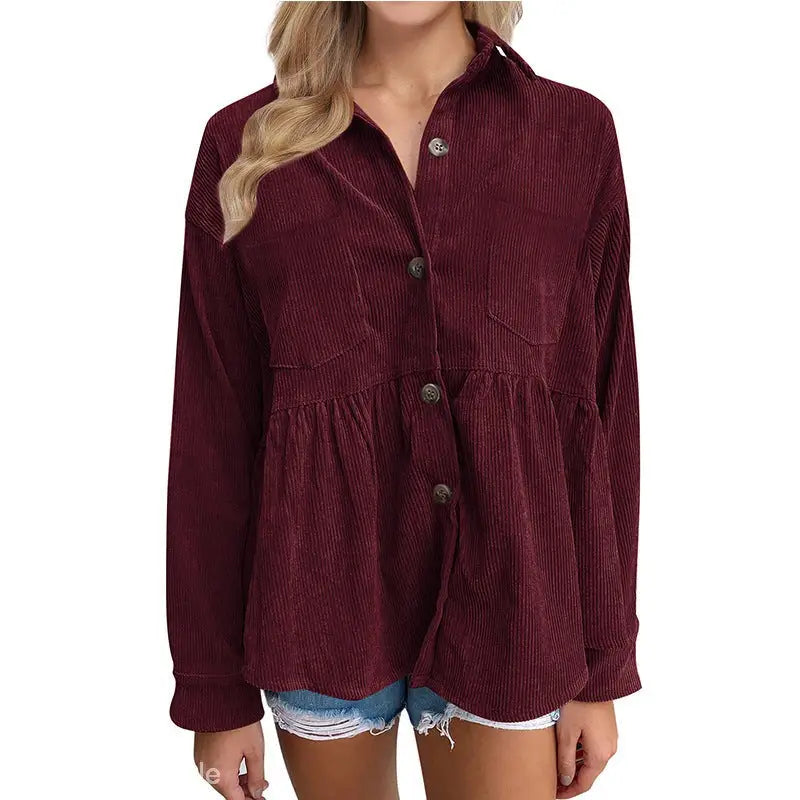 Maroon loose pleated corduroy shirt for women Autumn Winter fashion