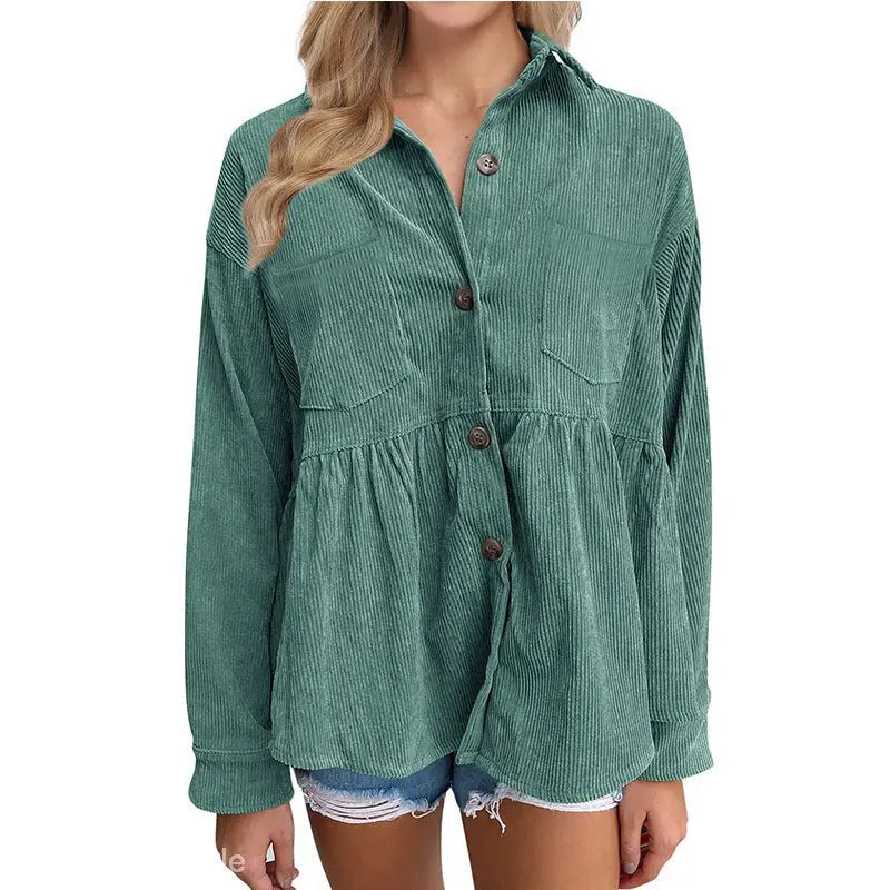 Green corduroy button-down shirt from women autumn winter loose pleated corduroy shacket