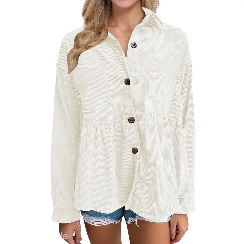 Cream-colored pleated corduroy shirt for women autumn winter in a loose fit design