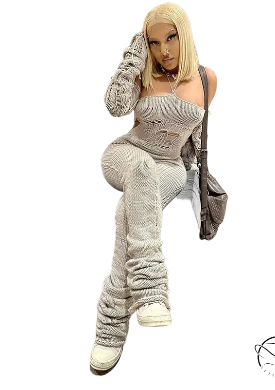 Gray woolen cutout jumpsuit with cropped top and ruched pants