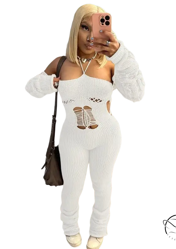 White ribbed woolen cutout jumpsuit with backless halter and leg details