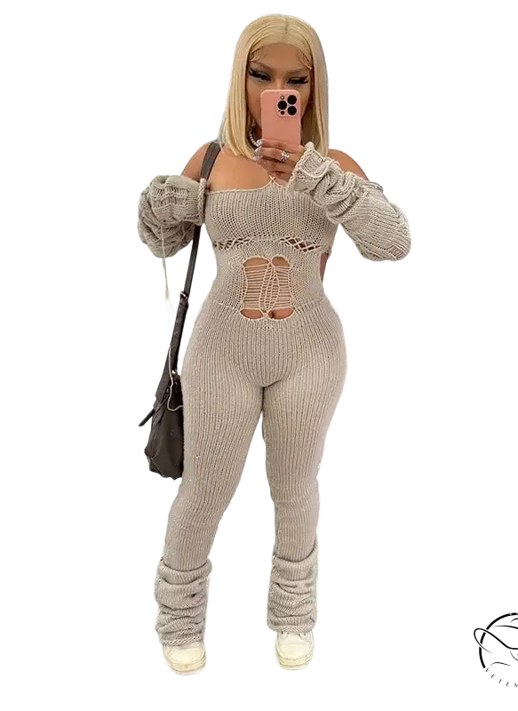 Beige woolen cutout jumpsuit with backless halter and ruched cuffs