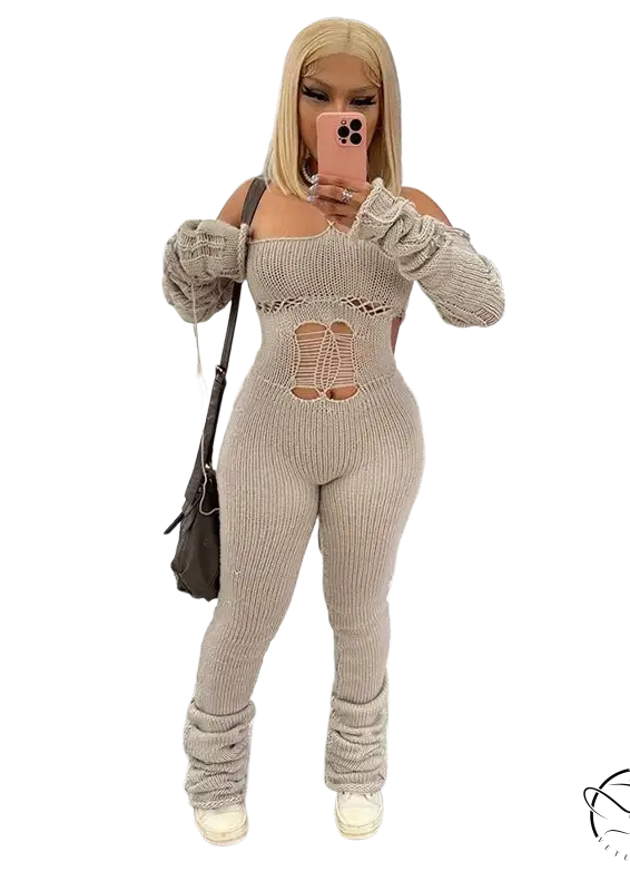 Beige woolen cutout jumpsuit with backless halter and ruched cuffs