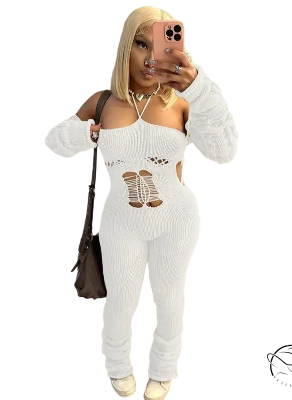 White ribbed woolen cutout jumpsuit with backless halter and leg details