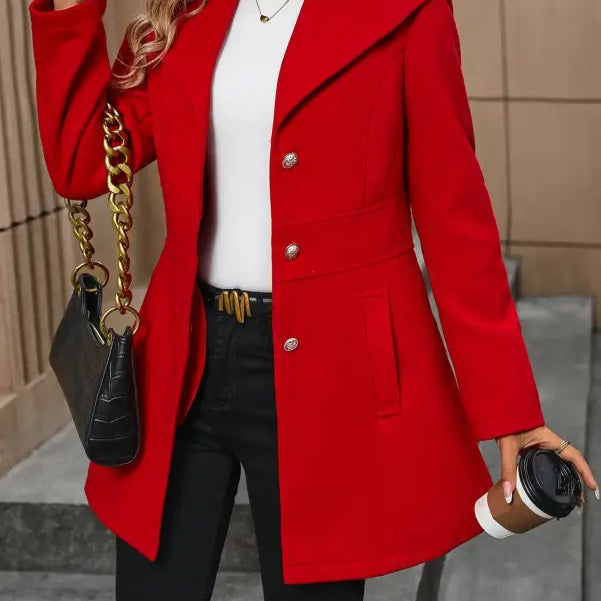 Vibrant red woolen windbreaker coat with wide collar and button closure for fall winter season