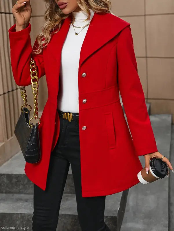 Vibrant red woolen windbreaker coat with wide collar and button closure for fall winter season
