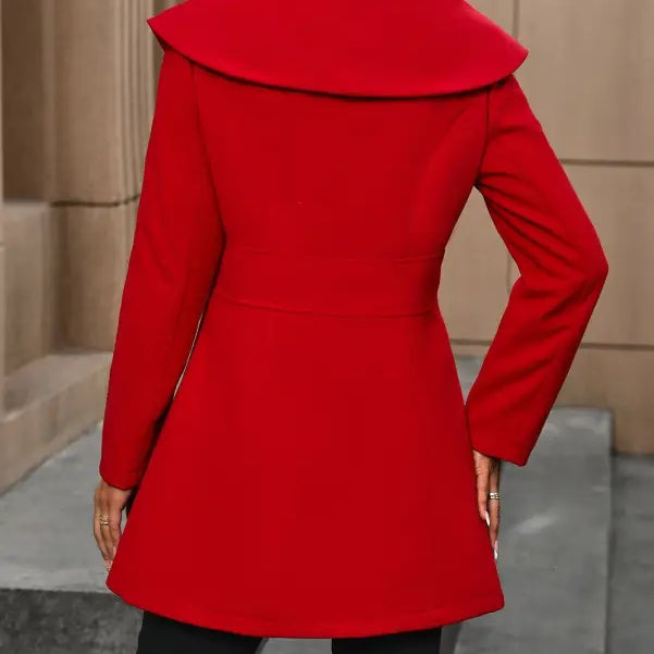 Bright red woolen windbreaker coat with wide collar and button pocket from Woolen Windbreaker Coat collection