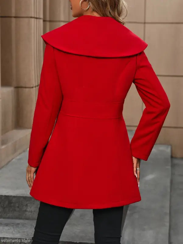 Bright red woolen windbreaker coat with wide collar and button pocket from Woolen Windbreaker Coat collection