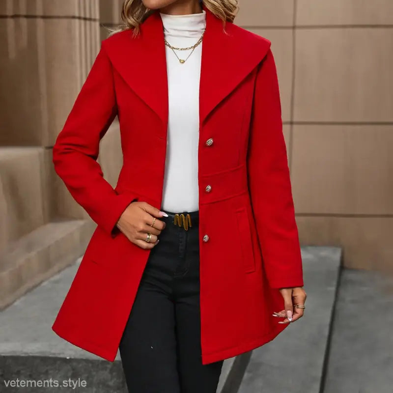 Vibrant red woolen windbreaker coat with wide collar and three buttons for fall winter season