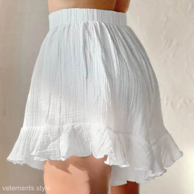 White ruffled mini skirt with gathered waistband for Wooden Wrinkle Cotton Pajama Set