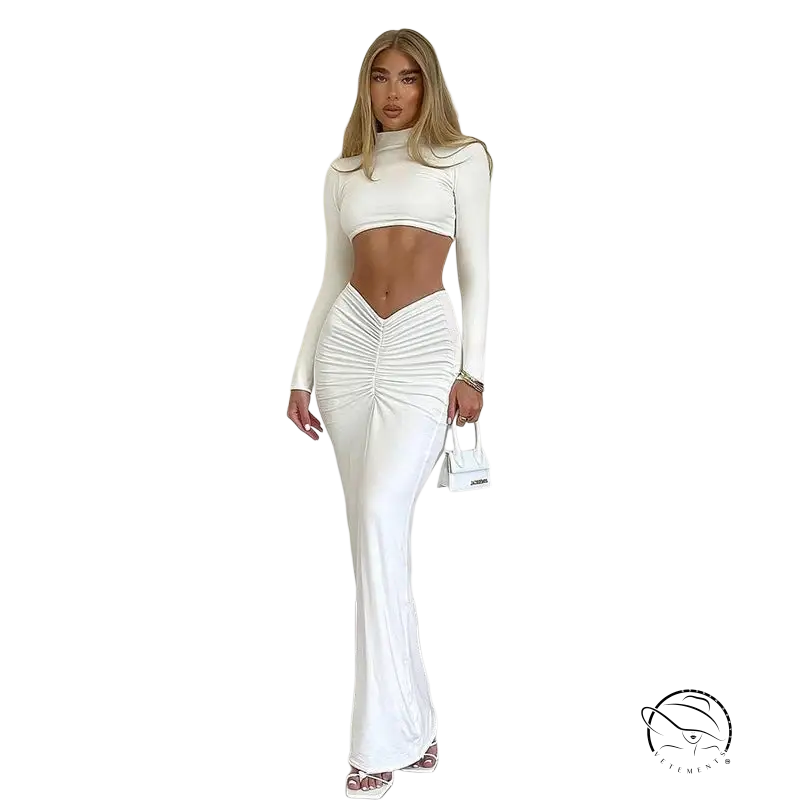 Woman in Yara sexy summer long sleeve ruched top and maxi skirt set